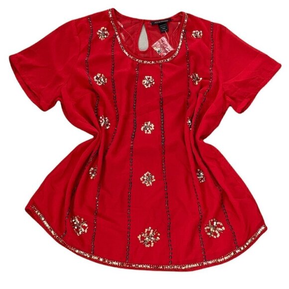 Ashley Stewart Sheer Sequin Embellished Short SleeveTunic Top 14-16 Red #194B - Picture 1 of 7